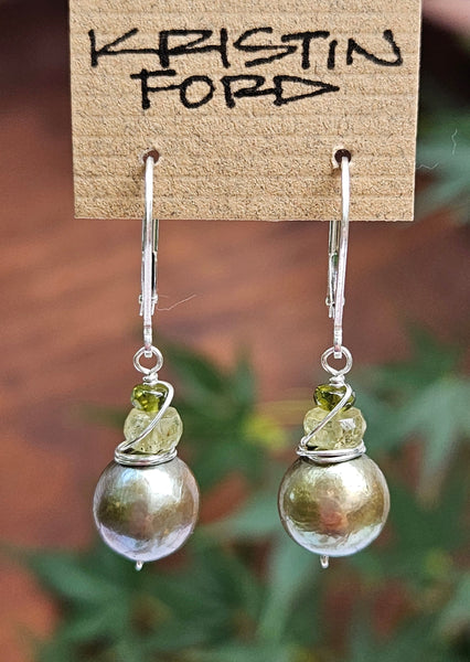 Fresh Water Pearl, Green Garnet & Vessuvianite Earrings EGR2523