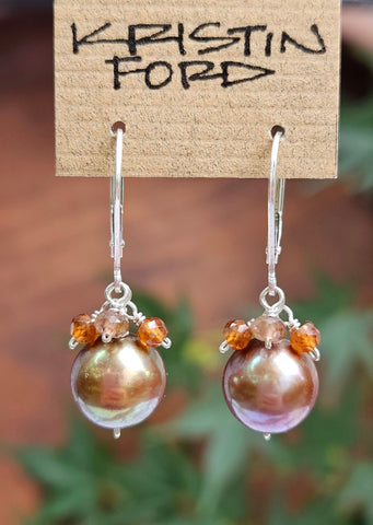 Fresh Water Pearl, Andalucite & Hessonite Earrings EBR1523