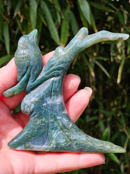 Moss Agate Bird in Tree Carvings 1/2 OFF SALE