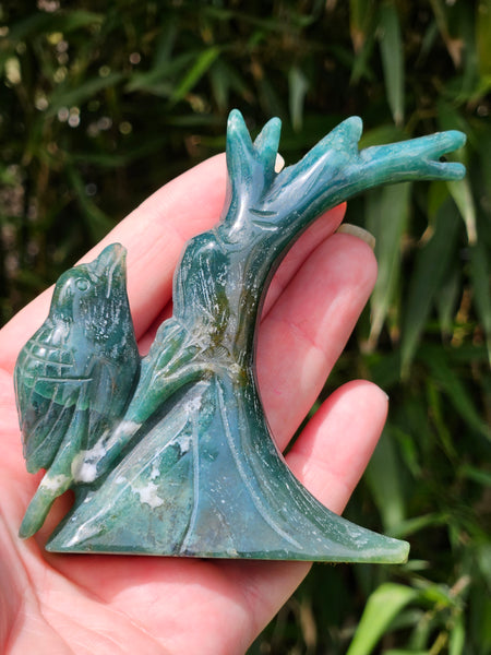 Moss Agate Bird in Tree Carvings