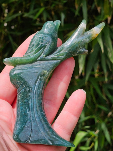Moss Agate Bird in Tree Carvings