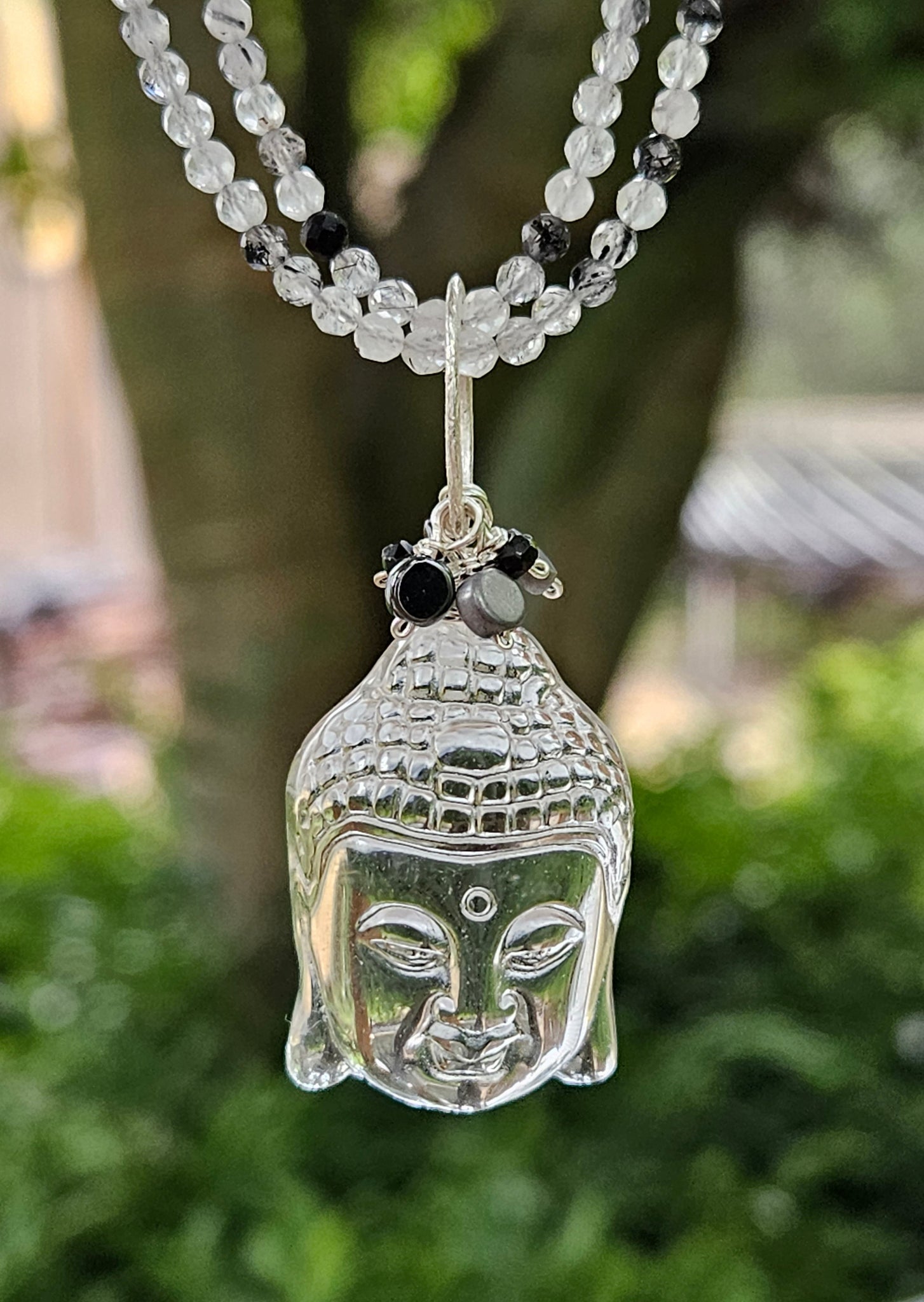 Quartz Crystal Buddha & Black Tourmalinated Quartz Necklace NBK1723