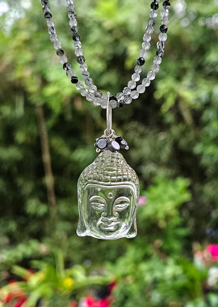 Quartz Crystal Buddha & Black Tourmalinated Quartz Necklace NBK1723