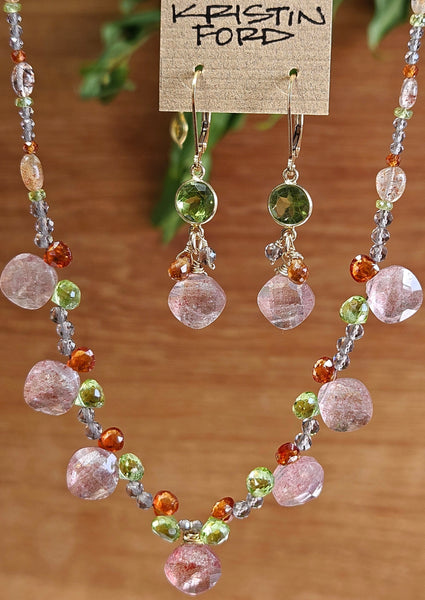 Strawberry Quartz, Hessonite & Smoky Quartz Earrings EWH1424G