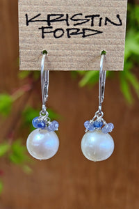 Fresh Water Pearl with Sapphire and Kyanite Cluster Earrings EWH3710