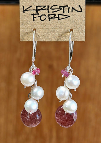 Strawberry Quartz, Fresh Water Pearl & Rose Sapphire Earrings ERD0824