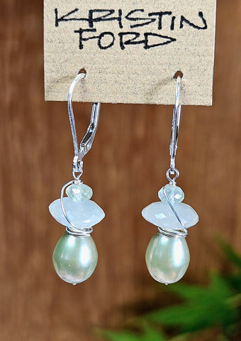 Fresh Water Pearl. Moonstone & Prehnite Earrings EWH1724