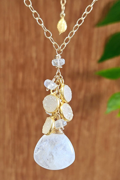 GF)  Druzy Agate & Rainbow Moonstone Earrings EWH0924G