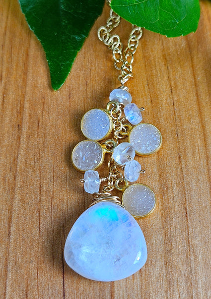 GF) Rainbow Moonstone & Druzy Agate Necklace  NWH0924G