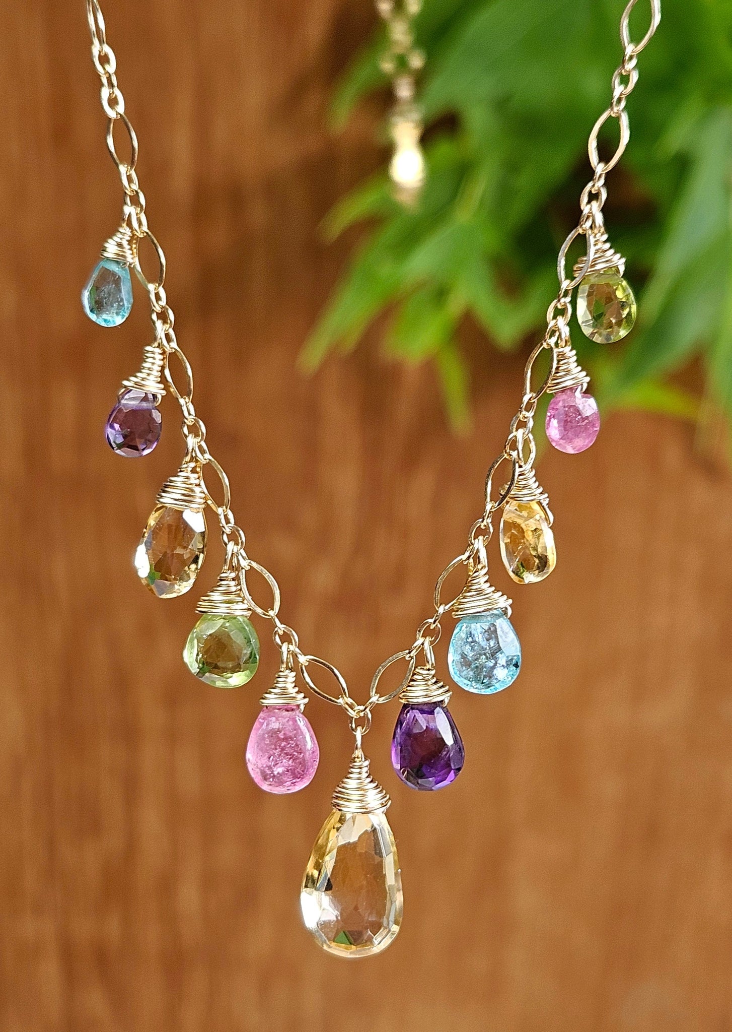 14k Gold Filled Multi Color Tropical Briolette Drop Necklace NWH0612G