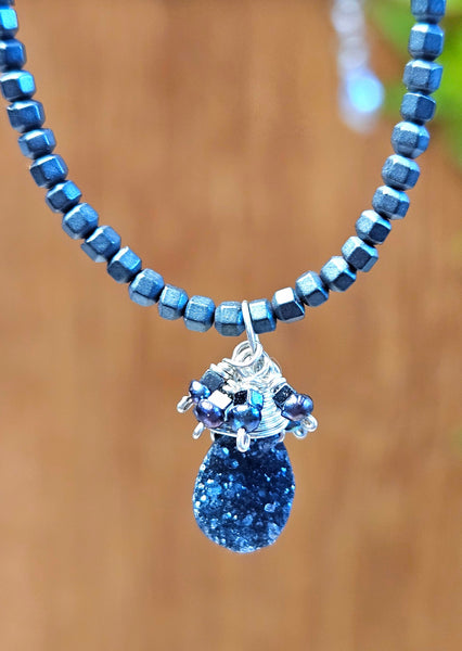 Black Druzy & Hematite Necklace  NBK1514