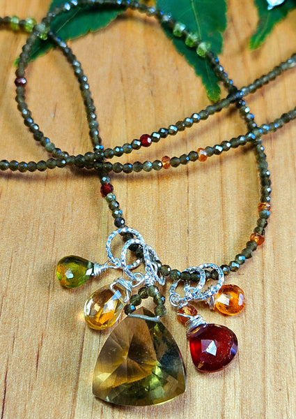 Olive Quartz, Olive Chrysoberyl, Hessonite Necklace  NGR1524