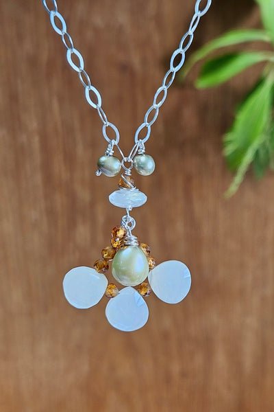 One of a Kind Moonstone, Pearl & Hessonite Necklace & Earrings