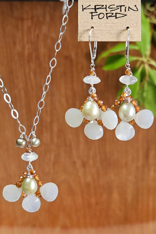 One of a Kind Moonstone, Pearl & Hessonite Necklace & Earrings