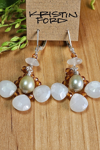 One of a Kind Moonstone, Pearl & Hessonite Necklace & Earrings