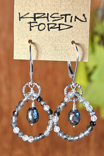 Faceted Pearl & Black Tourmalinated Quartz Earrings  EBK2424