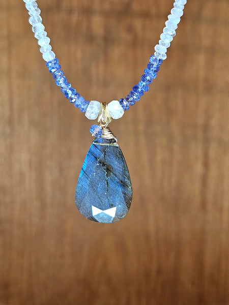 One of a Kind Labradorite, Tanzanite & Rainbow Moonstone Necklace