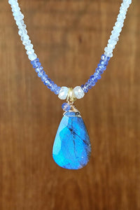 One of a Kind Labradorite, Tanzanite & Rainbow Moonstone Necklace