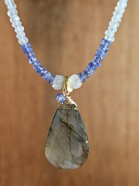 One of a Kind Labradorite, Tanzanite & Rainbow Moonstone Necklace