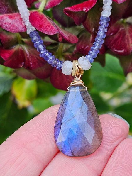 One of a Kind Labradorite, Tanzanite & Rainbow Moonstone Necklace