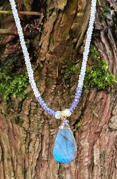 One of a Kind Labradorite, Tanzanite & Rainbow Moonstone Necklace