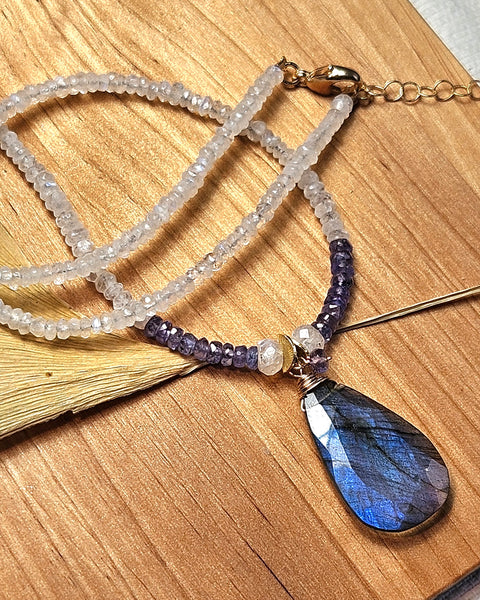 One of a Kind Labradorite, Tanzanite & Rainbow Moonstone Necklace