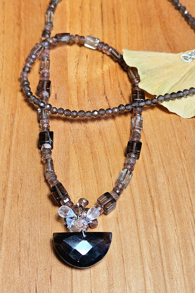 One of a Kind Smoky Quartz, Andalusite & Rainbow Moonstone Necklace