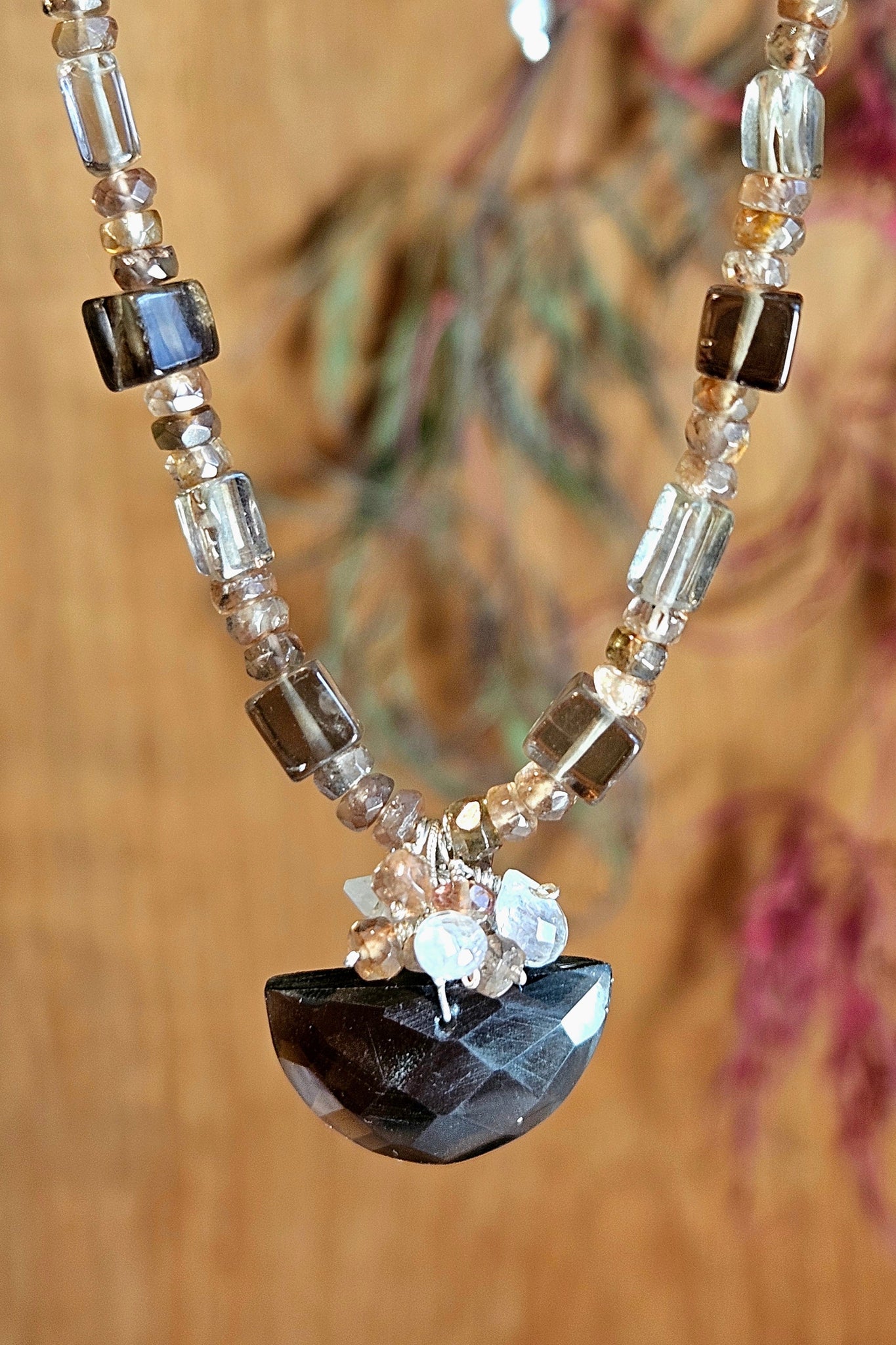 One of a Kind Smoky Quartz, Andalusite & Rainbow Moonstone Necklace