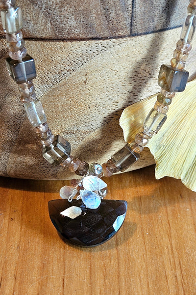 One of a Kind Smoky Quartz, Andalusite & Rainbow Moonstone Necklace