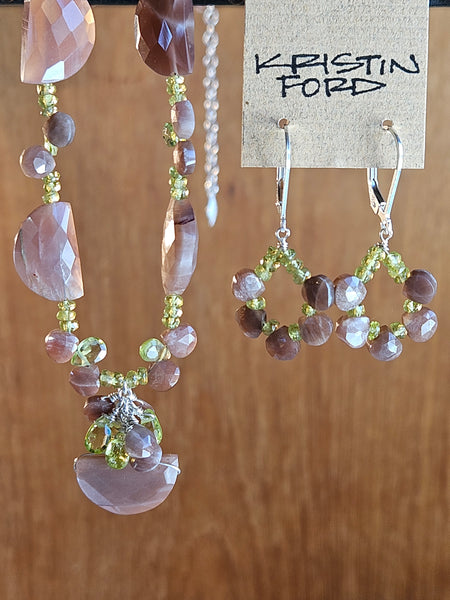 Chocolate Moonstone Peridot & Vesuvianite Necklace and Earrings