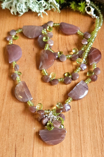 Chocolate Moonstone Peridot & Vesuvianite Necklace and Earrings