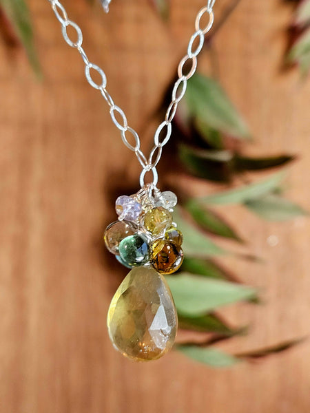 One of a Kind Olive Quartz, Tourmaline & Sapphire Necklace