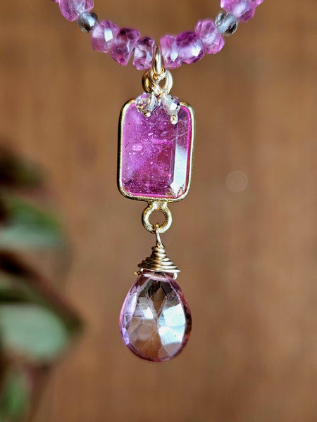 One of a Kind Ruby, Pink Topaz & Smoky Quartz Necklace