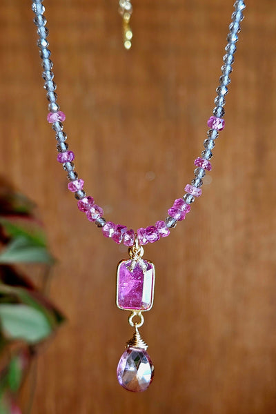 One of a Kind Ruby, Pink Topaz & Smoky Quartz Necklace