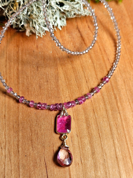 One of a Kind Ruby, Pink Topaz & Smoky Quartz Necklace