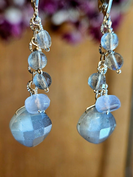 Silver Moonstone, Chalcedony & Labradorite Earrings  EBK1025