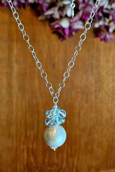One of a Kind Platinum Cultured Pearl & Blue Topaz Necklace