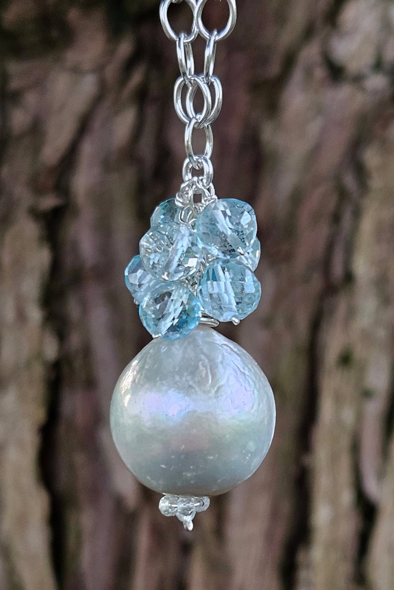 One of a Kind Platinum Cultured Pearl & Blue Topaz Necklace