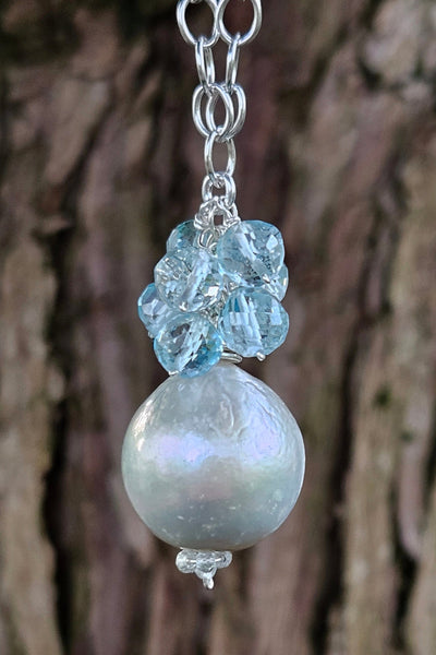 One of a Kind Platinum Cultured Pearl & Blue Topaz Necklace