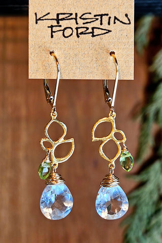Brushed Gold "Leaves" Clear Quartz & Peridot Earrings  EWH1825G