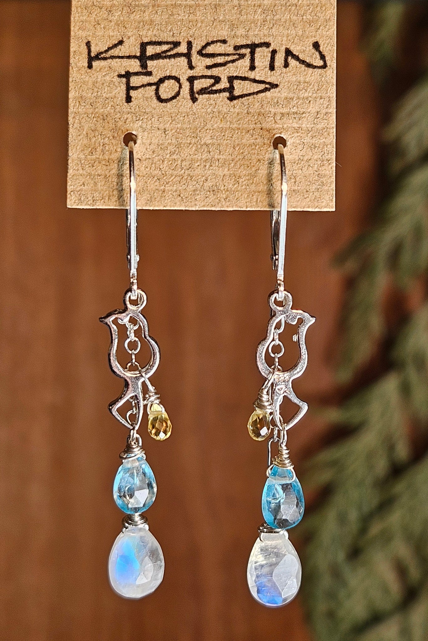 SS Bird Charm w/Rainbow Moonstone, Apatite & Golden Sapphire Earrings  EWH1925
