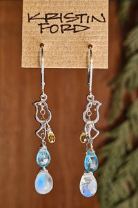 SS Bird Charm w/Rainbow Moonstone, Apatite & Golden Sapphire Earrings  EWH1925