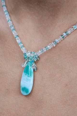 One of a Kind Larimar, Rainbow Moonstone & Blue Apatite Necklace