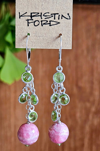 One of a Kind Rhodochrosite & Peridot Earrings