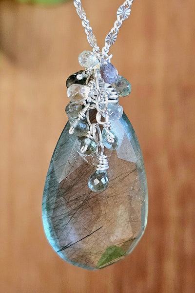 One of a Kind Green Rutilated Quartz & Sapphire Necklace