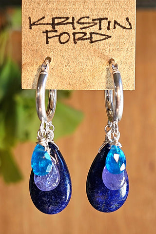 One of a Kind Lapis Lazuli, Tanzanite & Neon Apatite Earrings