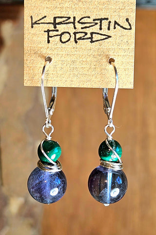 Blue Fluorite and Malachite earrings finished with sterling silver lever back clasps by KRISTIN FORD; Jewelry With Meaning
