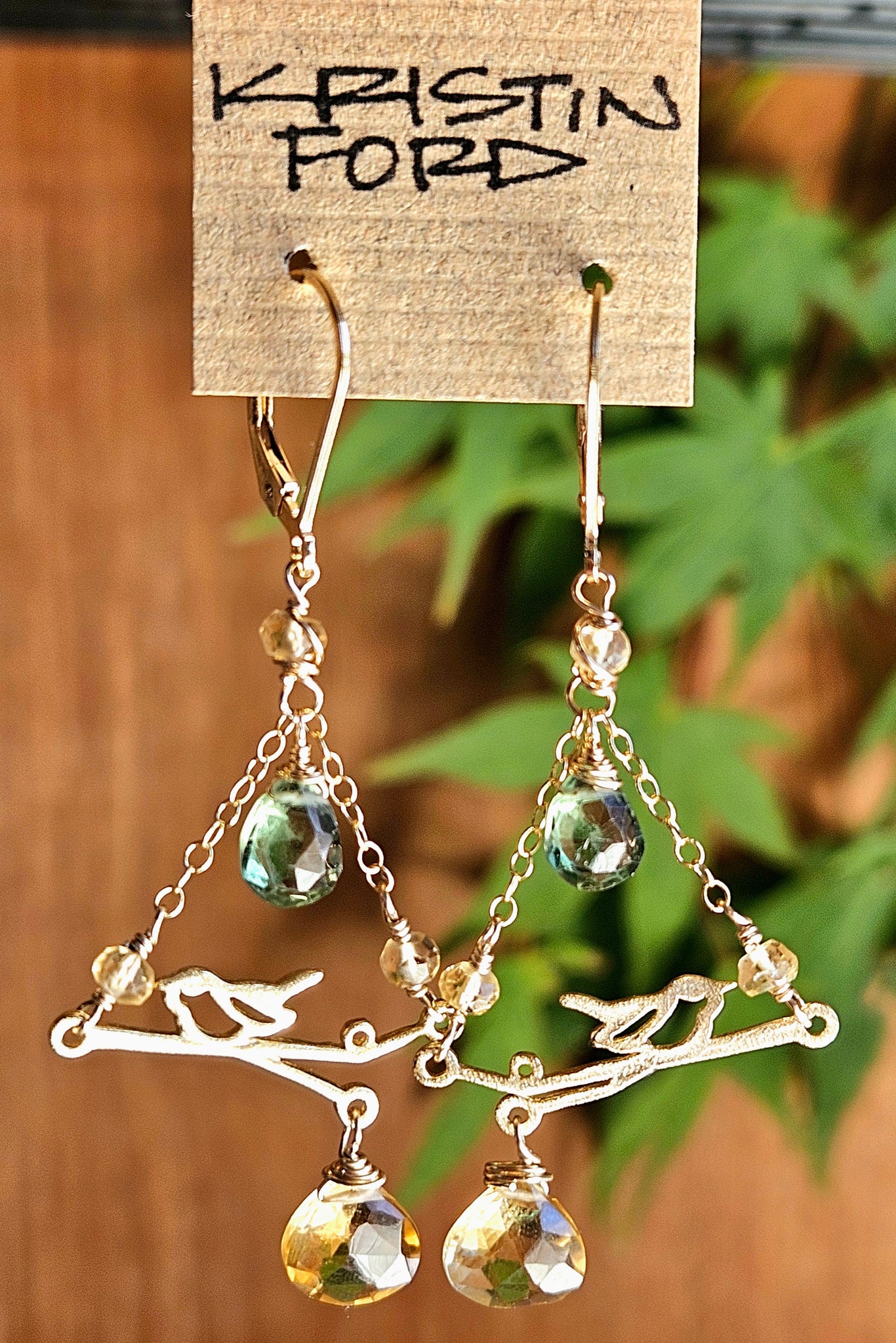 One of a Kind GF) Bird on a Branch, Citrine & Green Apatite Earrings