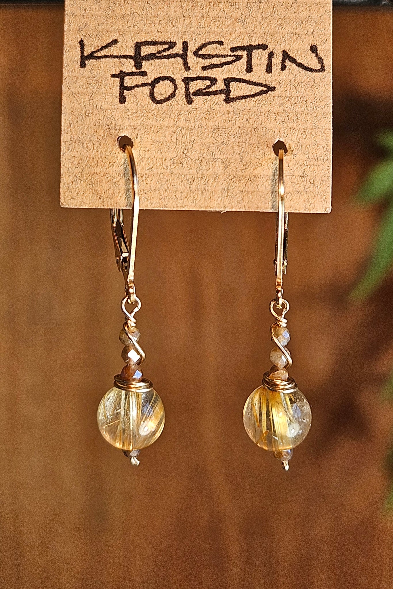 GF) Golden Rutilated Quartz & Chocolate "Mocha" Moonstone Earrings  EBR2725G