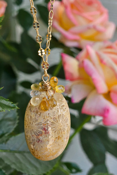 One of a Kind GF) Fossil Coral & Sapphire Necklace